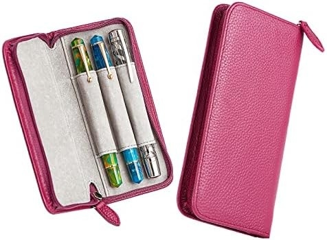 Boîte à stylo en cuir authentique 3 fentes divisées couleur noire, boîte à stylo fermeture à glissière