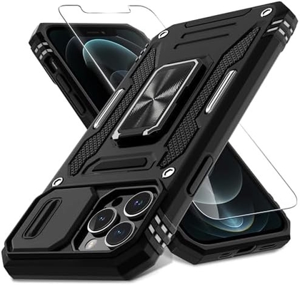 iPhone 12 Pro Max avec couverture de caméra de diapositive + protecteur d'écran ((1 paquet),Ring roté Kickstand de qualité militaire étanche aux chocs