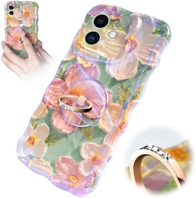 Étui pour iPhone 12 Pro Max Anneau, fleur peinte à l'huile Fleur rétro colorée, cadre ondulé mignon Étui pour téléphone pour femme