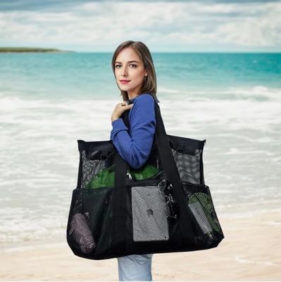 Sac de plage en filet métallique, grand sac fourre-tout de plage, avec poches zippées, adapté aux sacs de piscine familiaux, essentiel pour les jouets et les vacances
