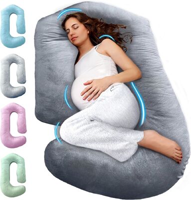 Coussin de grossesse pour dormir – Coussin de maternité de 145 cm pour femmes enceintes avec housse amovible et lavable – Soutien pour le dos, le ventre, le cou, les jambes et les hanches – Coussin corporel complet en forme de V, U, ou C, gris velours