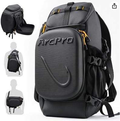 Sac de pêche en bandoulière, coque rigide en EVA avec poste de travail pliable, sac de pêche convertible avant/arrière résistant à l'eau pour 2 plateaux 3600, bandoulière eau salée eau douce