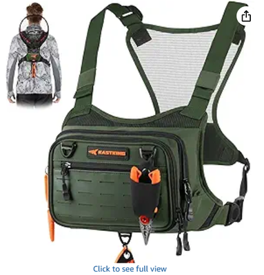 Un sac de pêche pour hommes. EVA poste de travail à fermeture à glissière, stockage MOLLE, sangles de poitrine réglables et système de stockage polyvalent.