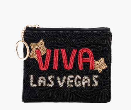 Sac à monnaie durable avec perles de verre et d'acrylique détaillées devant et derrière, fermeture éclair sécurisée et porte-clés doré, parfait pour un usage quotidien