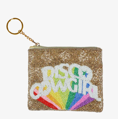 Petit sac à monnaie avec perles complexes, fermeture éclair supérieure sécurisée et porte-clés doré, idéal pour ranger des pièces et de petits objets