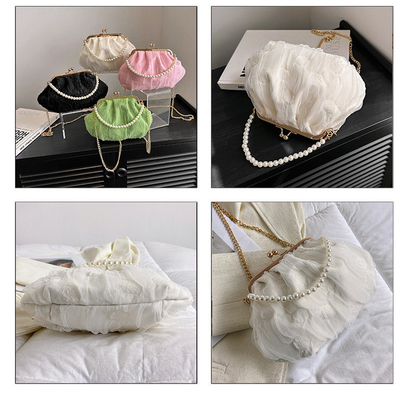 2024 NEW RETRO FAIRY SOLID COLOR petit sac à main blanc sac à perles filet de toile de femme dans un sac simple