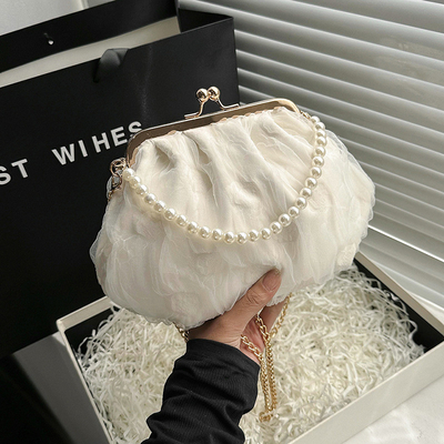 2024 NEW RETRO FAIRY SOLID COLOR petit sac à main blanc sac à perles filet de toile de femme dans un sac simple
