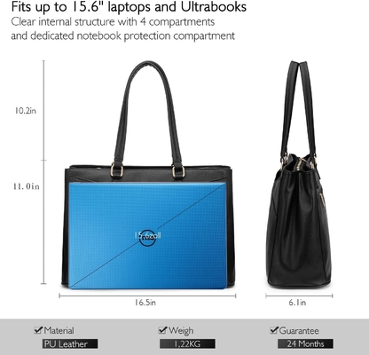 Laptop sac à main pour femmes 15,6 pouces en cuir étanche sacs d'ordinateur affaires bureau travail briefcase noir