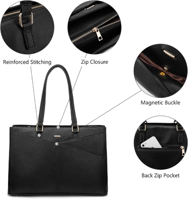 Laptop sac à main pour femmes 15,6 pouces en cuir étanche sacs d'ordinateur affaires bureau travail briefcase noir