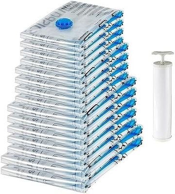 Amazon Basics Sacs de rangement à fermeture à glissière à compression sous vide avec pompe à main, moyen, 5 paquets, blanc, bleu ciel