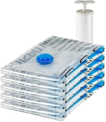 Amazon Basics Sacs de rangement à fermeture à glissière à compression sous vide avec pompe à main, moyen, 5 paquets, blanc, bleu ciel