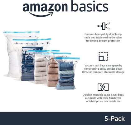 Amazon Basics Sacs de rangement à fermeture à glissière à compression sous vide avec pompe à main, moyen, 5 paquets, blanc, bleu ciel