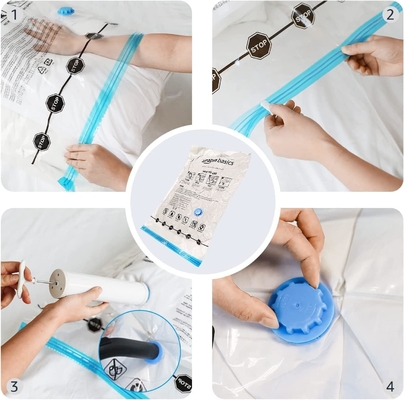 Amazon Basics Sacs de rangement à fermeture à glissière à compression sous vide avec pompe à main, moyen, 5 paquets, blanc, bleu ciel