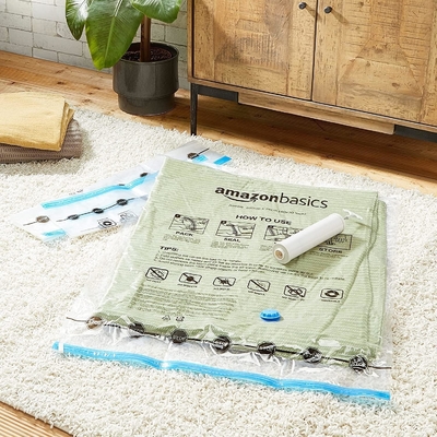 Amazon Basics Sacs de rangement à fermeture à glissière à compression sous vide avec pompe à main, moyen, 5 paquets, blanc, bleu ciel