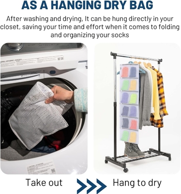 Organiseurs de chaussettes pour le lavage et le séchage, sacs de rangement pour organiser les chaussettes.