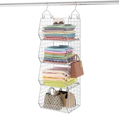 X-COSRACK 4 TIER organisateur de placard pliable, des étagères de vêtements avec des crochets de 5 S, monture murale &amp; armoire de fil de rangement paniers,