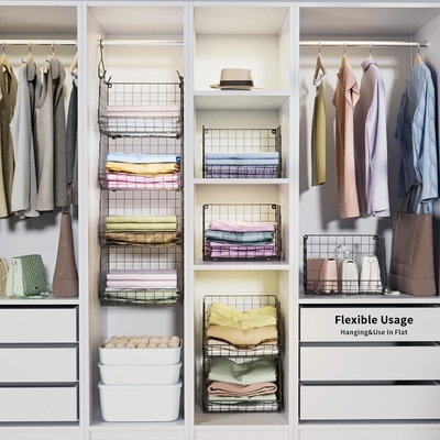 X-COSRACK 4 TIER organisateur de placard pliable, des étagères de vêtements avec des crochets de 5 S, monture murale &amp; armoire de fil de rangement paniers,