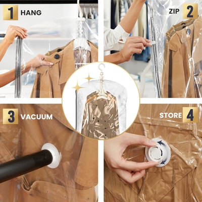 TAILI Sacs de rangement sous vide suspendus Sacs d'économie d'espace, ensemble de 4 (2 longs, 2 courts), sacs d'étanchéité sous vide clairs pour les vêtements