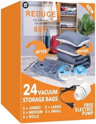 12 sacs de stockage sous vide (3 x jumbo, 3 x grand, 3 x moyen, 3 x petit), sacs de compression avec scellant