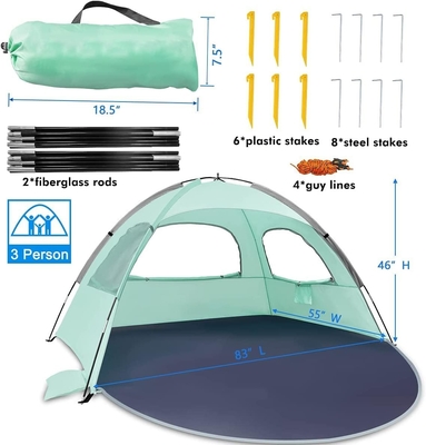 Tente de plage WhiteFang Anti-UV Abri solaire portable pour 3/4/6 personnes, plancher extensible avec 3 treillis de ventilation