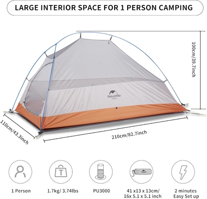 Naturehike Cloud-Up 1 personne Tente de sac à dos léger Tente pour un homme, imperméable à l'eau Tente pour une personne ultra-légère, faire