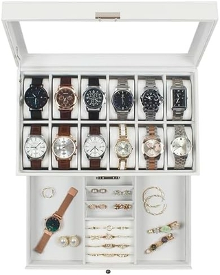 GUKA Boîte de montres 12 fente montres affichage organisateur cuir coffre à bijoux tiroir verre anniversaire pour les hommes femmes, enfant mari