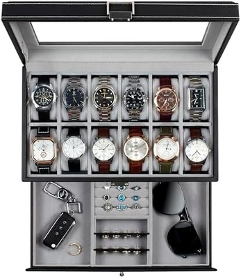 GUKA Boîte de montres 12 fente montres affichage organisateur cuir coffre à bijoux tiroir verre anniversaire pour les hommes femmes, enfant mari