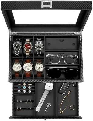 GUKA Boîte de montres 12 fente montres affichage organisateur cuir coffre à bijoux tiroir verre anniversaire pour les hommes femmes, enfant mari