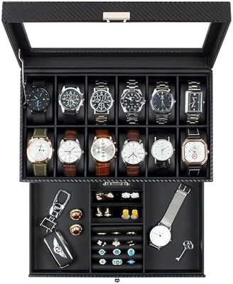 GUKA Boîte de montres 12 fente montres affichage organisateur cuir coffre à bijoux tiroir verre anniversaire pour les hommes femmes, enfant mari