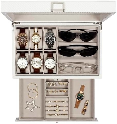 GUKA Boîte de montres 12 fente montres affichage organisateur cuir coffre à bijoux tiroir verre anniversaire pour les hommes femmes, enfant mari