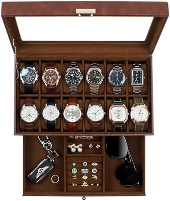 GUKA Boîte de montres 12 fente montres affichage organisateur cuir coffre à bijoux tiroir verre anniversaire pour les hommes femmes, enfant mari