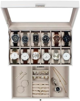 GUKA Boîte de montres 12 fente montres affichage organisateur cuir coffre à bijoux tiroir verre anniversaire pour les hommes femmes, enfant mari