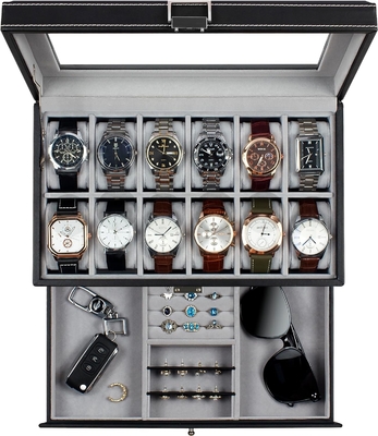 GUKA Boîte de montres 12 fente montres affichage organisateur cuir coffre à bijoux tiroir verre anniversaire pour les hommes femmes, enfant mari