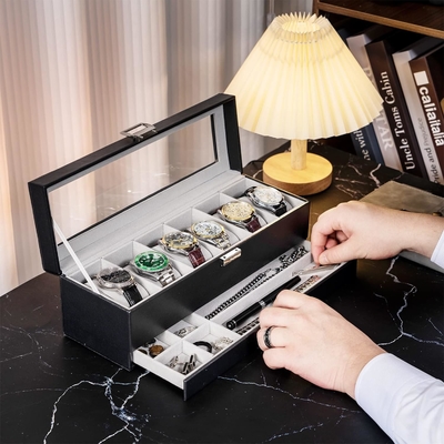ProCase Watch Box Organisateur pour Hommes, 6 fentes Casse d'affichage de montre avec tiroir, cadeau de la Fête du Père Hommes Horloge Holder Horloge