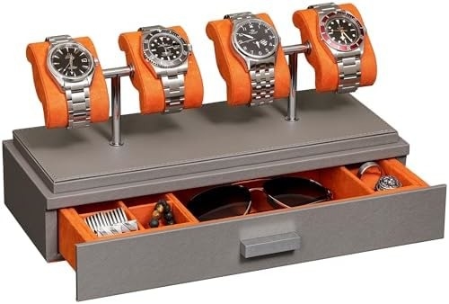 ROTHWELL Casque d'affichage de montre de luxe pour 4 montres Box de montre en cuir avec couvercle acrylique et coussin à glissière amovible