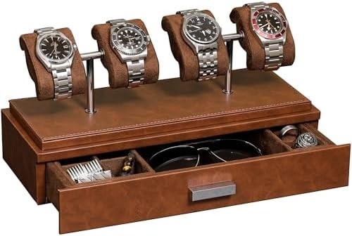 ROTHWELL Casque d'affichage de montre de luxe pour 4 montres Box de montre en cuir avec couvercle acrylique et coussin à glissière amovible