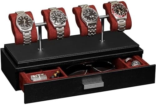 ROTHWELL Casque d'affichage de montre de luxe pour 4 montres Box de montre en cuir avec couvercle acrylique et coussin à glissière amovible