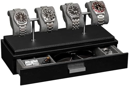 ROTHWELL Casque d'affichage de montre de luxe pour 4 montres Box de montre en cuir avec couvercle acrylique et coussin à glissière amovible