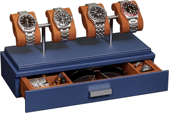 ROTHWELL Casque d'affichage de montre de luxe pour 4 montres Box de montre en cuir avec couvercle acrylique et coussin à glissière amovible