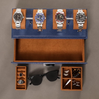 ROTHWELL Casque d'affichage de montre de luxe pour 4 montres Box de montre en cuir avec couvercle acrylique et coussin à glissière amovible