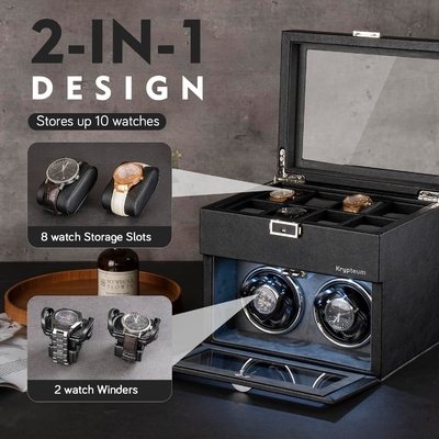 Boîte automatique à montres double avec 8 boîtes de rangement supplémentaires, boîte automatique à montres double avec organiseur de bijoux,