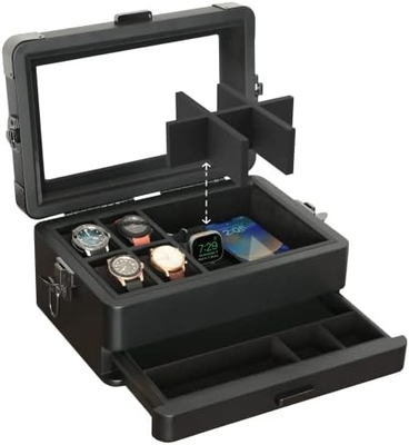 CASE ELEGANCE militaire 10 fentes boîte de montres organisateur de boîte pour hommes, véritable haut en verre, plateau modulaire de valet,