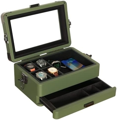 CASE ELEGANCE militaire 10 fentes boîte de montres organisateur de boîte pour hommes, véritable haut en verre, plateau modulaire de valet,