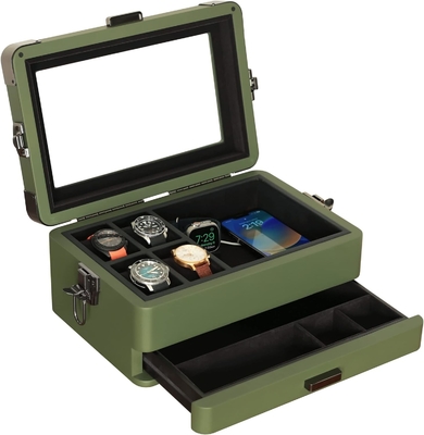 CASE ELEGANCE militaire 10 fentes boîte de montres organisateur de boîte pour hommes, véritable haut en verre, plateau modulaire de valet,