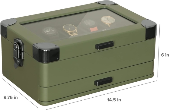 CASE ELEGANCE militaire 10 fentes boîte de montres organisateur de boîte pour hommes, véritable haut en verre, plateau modulaire de valet,