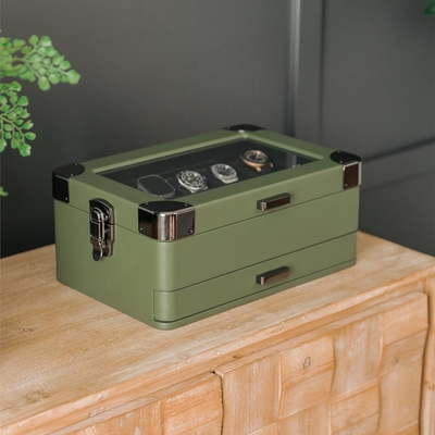 CASE ELEGANCE militaire 10 fentes boîte de montres organisateur de boîte pour hommes, véritable haut en verre, plateau modulaire de valet,