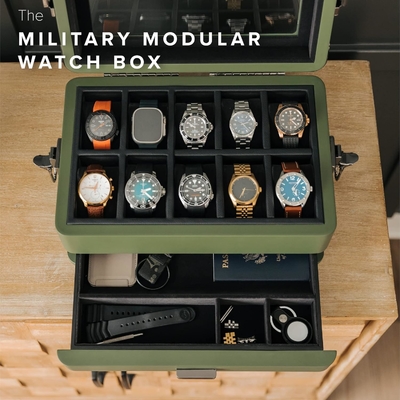 CASE ELEGANCE militaire 10 fentes boîte de montres organisateur de boîte pour hommes, véritable haut en verre, plateau modulaire de valet,