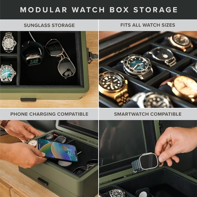 CASE ELEGANCE militaire 10 fentes boîte de montres organisateur de boîte pour hommes, véritable haut en verre, plateau modulaire de valet,