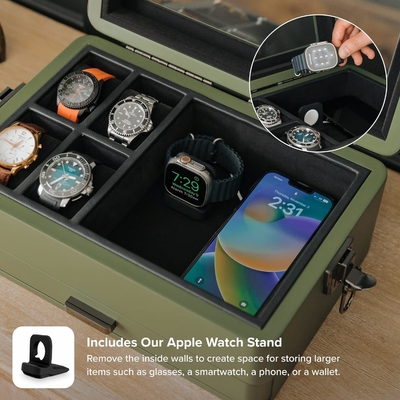 CASE ELEGANCE militaire 10 fentes boîte de montres organisateur de boîte pour hommes, véritable haut en verre, plateau modulaire de valet,