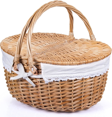 Un panier de pique-nique en cire avec couvercle et poignée, un corps tissé robuste avec une doublure lavable pour Pâques, la fête des mères, le camping en plein air.